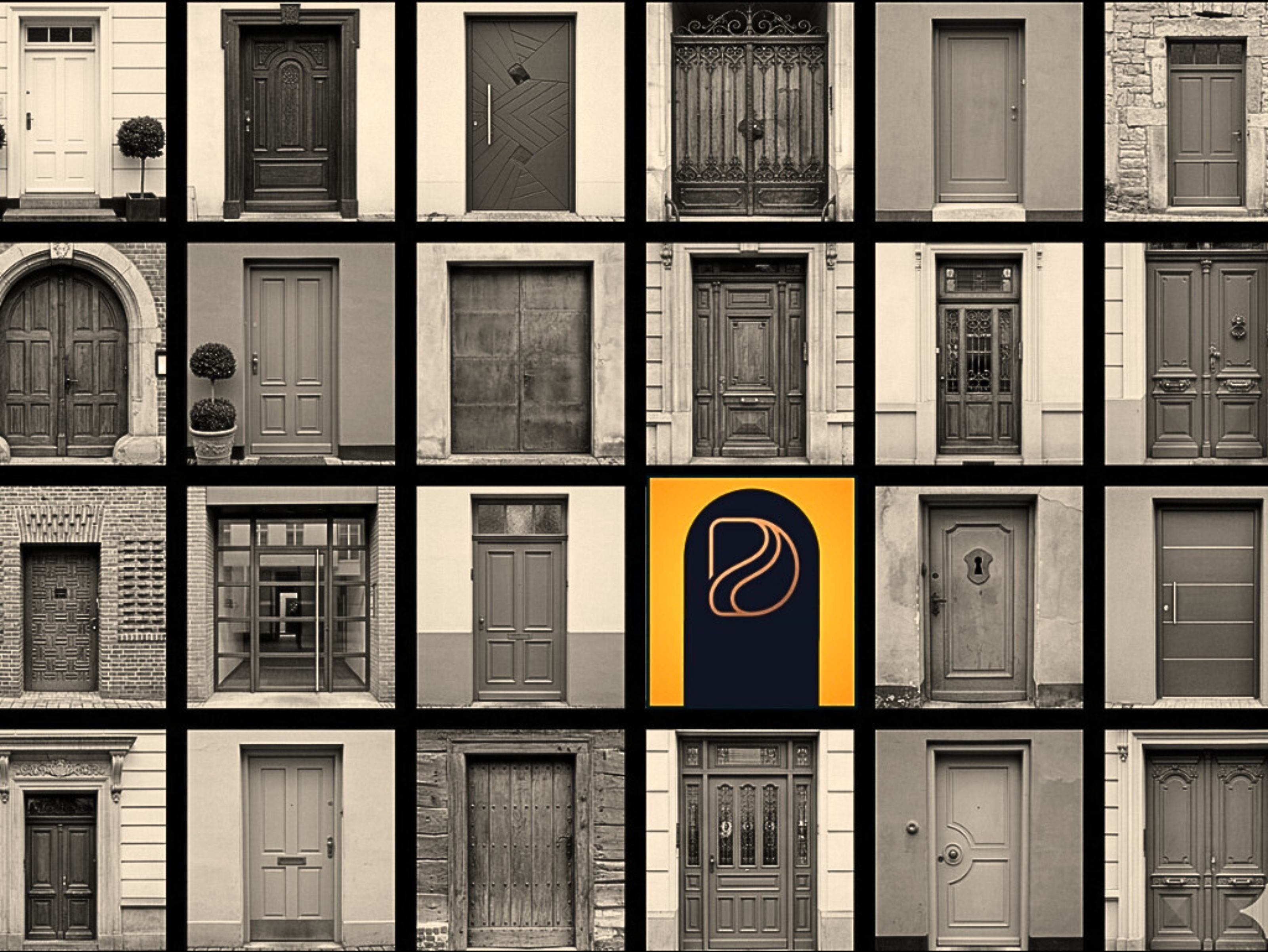 Grid of doors with Doriva logo